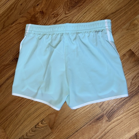NWT adidas Big Girls Woven Soccer Shorts in Light Turquoise with White Trim; XL - Picture 4 of 6